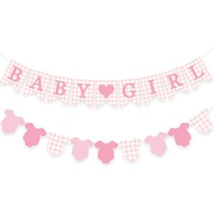 Pink Gingham Baby Banner Girl Plaid Welcome Baby Shower Sign Decoration Clothesline Onesie Garlands Gender Reveal Party Supplies