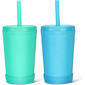 Homestockplus 10 Oz Wheat Straw Reusable Cups with Lids & Silicone Straws | Anti-slip Kids & Family Safe Drinking Cup for Milk, Juice, Smoothies | Dishwasher Microwave Safe -Easy Clean For Daily use (Blue & Green)