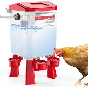 Automatic Chicken Waterer, Float-Controlled Chicken Water Feeder with 4 Water Cups, 158.4-Inch Hose with 3/4'' and 1/2'' Ends, Large Poultry Waterer for Chick Quail Duck Turkey (2 Gallons, Red)