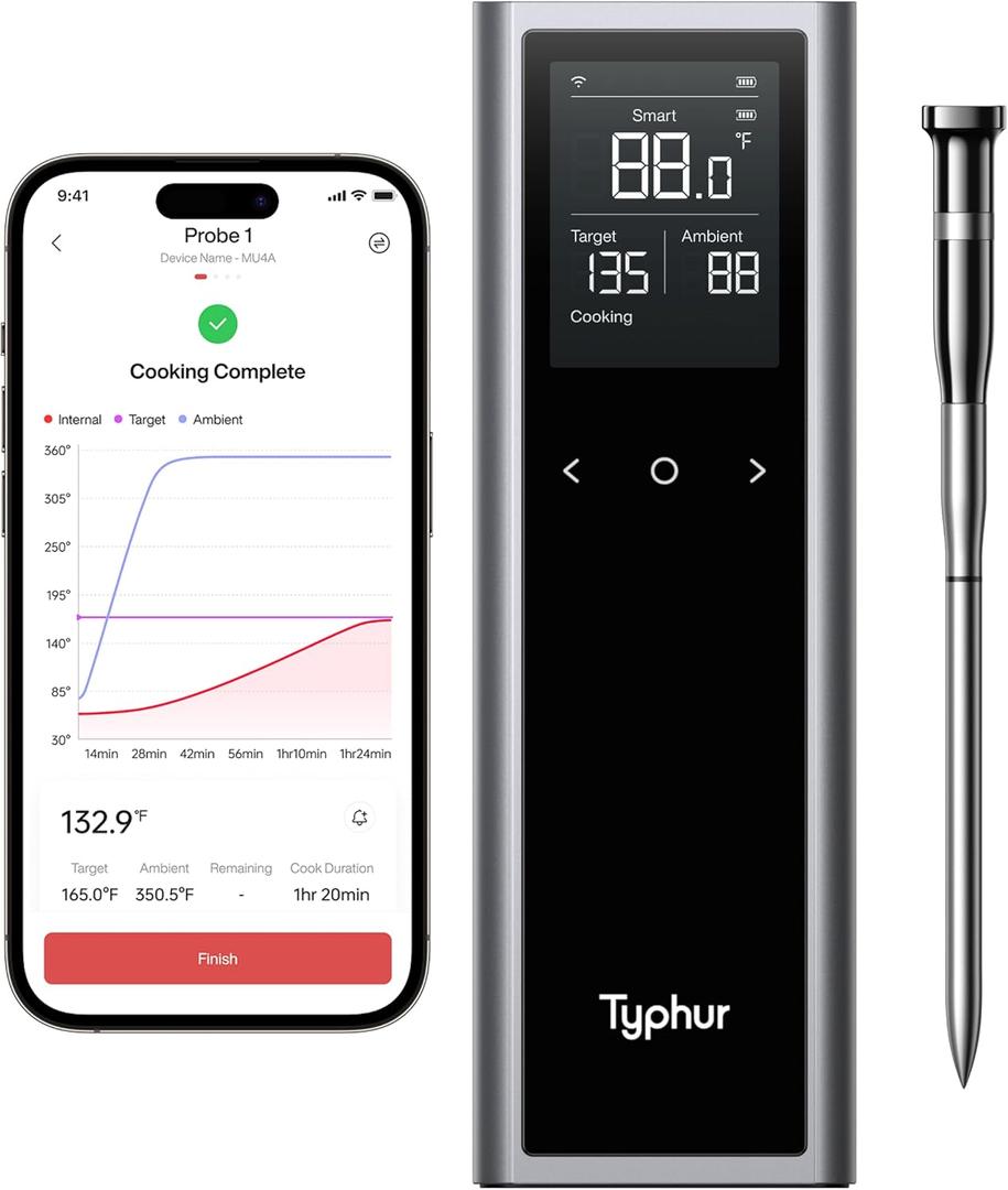 Typhur Sync One Smart Wireless Meat Thermometer: Standalone Base with LCD Display, Unlimited WiFi & Bluetooth Range, Enhanced Signal Stability for BBQ, Grill, Oven, and Smoker (1 Probe)