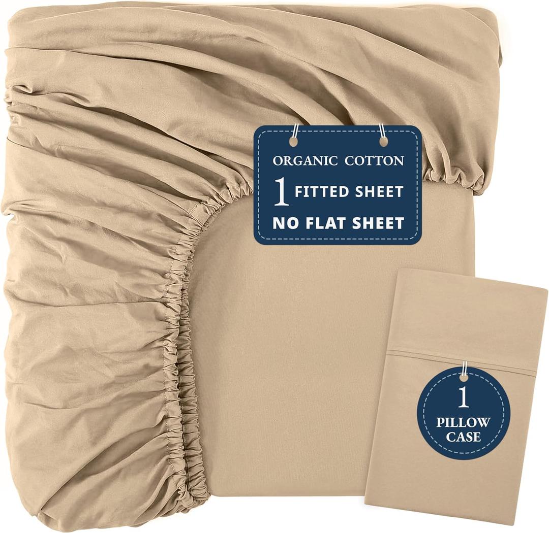 LANE LINEN 100% Organic Cotton Twin Fitted Sheets, 2-Piece Set (1 Fitted Sheet, 1 Pillowcase), Percale Weave, Ultra Soft, Breathable, Fits Mattress Upto 15' Deep - Linen (No Flat Sheet)