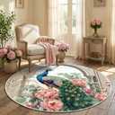 CCoutueChen 4x4 Washable Peacock Round Rug, Victoria Bird Floral Floor Mat for Adult Bedroom/Living Room, Soft Large Non-Slip Carpet Floor Mat for Kids Nursery Playroom Home Office