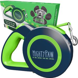 Mighty Paw Retractable Dog Leash 2.0 | 16' Heavy Duty Reflective Nylon Tape Lead for Pets up to 0-50 lbs. Tangle Free Design W/One Touch Quick-Lock Braking System & Anti-Slip Handle (Green/Lite)