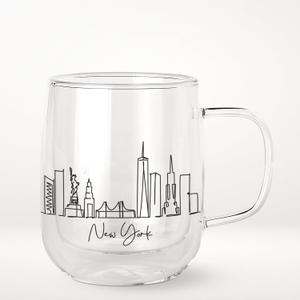 COLLECTIVE HOME - Double Walled Glass Coffee Mugs, Insulated Coffee Mug with Handle, Personalized Gifts for Women, Men, Christmas, 14oz Skyline Cups (New York)