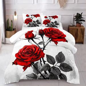 Red Rose Comforter Set King Size 3 Pieces Romantic Roses Floral Bedding Set for Women Adult Stylish Aesthetic Bedding Soft Lightweight Comforter with 2 Pillowcases (King(104" x 90"))