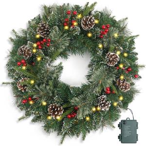 Christmas Wreath Snowy Pre-lit 24 inch with 50 Light & Pine Cone, Artificial Christmas Wreaths for Front Door with Lights, Wreath for Christmas Decoration Door Windows Wall Green