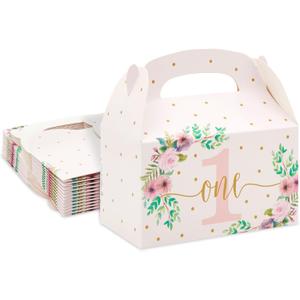 BLUE PANDA 24-Pack Pink Floral Present Boxes for 1st Birthday Party Favors - Goodie Gable Box (6.2 x 3.6 x 3.3 In) - First Candy Containers for One Year Old Girls