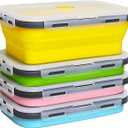 Collapsible Silicone Food Storage Container Set of 4, Collapsible Meal Prep Lunch Containers(40.5 Oz), Stackable, Space Saving (Blue, Green, Pink, Yellow)