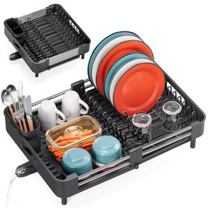TOOLF Dish Drying Rack, Expandable Dish Rack for Kitchen Counter, Anti-Rust Dish Drainer, Sink Organization and Storage Essentials with Cutlery & Cup Holder, Black
