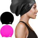 2 Pack Extra Large Swim Cap for Braids and Dreadlocks, Silicone Swimming Caps for Long Hair, Weaves, Extensions, Curls & Afros, Waterproof Adult Swim Hats Bathing Caps for Women Men (Black+Rose Red)