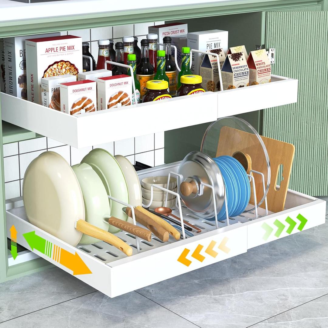 2 Pack Pull Out Cabinet Organizer,21" Deep,Expandable Compatible Framed Cabinet Slide Out Organizers,With Adhesive Nano Film And 6pcs Divider Racks Pull Out Drawers For Kitchen Cabinets (White)