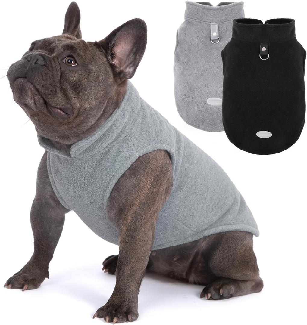 2Pack Fleece Dog Sweater Vest with Leash Ring Pullover Dog Clothes Sweaters for Small Dogs with Reflective Strip Puppy Clothes Sweater Soft Lightweight Jacket for Fall/Spring/Winter (XS (Back:10.24",Chest:14.96", 3.5-7 lbs), Black+Grey)