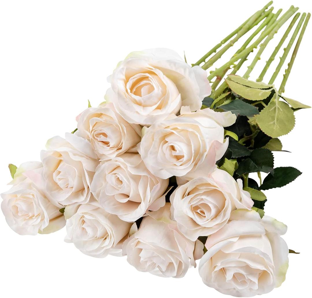 Nubry Artificial Silk Rose Flower Single Stem Lifelike Vintage Fake Rose for Wedding Bouquet Floral Arrangements Home Party Centerpiece Decoration, 10pcs (Vintage Ivory)