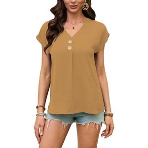 Women's Dressy Casual Shirt Sleeveless V-Neck Button Down Work Tops Business Casual Summer Tops (Brown, XL)