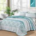 Dintszyayue Boho Striped Quilt Set Queen Size, Bohemian Aqua Bedspread Coverlet Set for All Seasons, 3 Pieces Lightweight Paisley Floral Bedding Set with 2 Pillowcases 96"90"