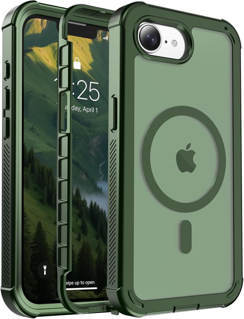 Magnetic for iPhone 16e Case, [Compatible with MagSafe][Military Grade Drop Protection][Heavy Duty Protection][Non-Slip][Shockproof] 2-Layer Durable Bumper Phone Case 6.1''-Army Green