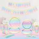 Pastel Rainbow Birthday Party Supplies, Includes Happy Birthday Banner, Tablecloth, Plates, Napkins, Cups, Knives, Forks, Spoons, Straws for Girls Birthday Party Decorations, Serves 20 Guests