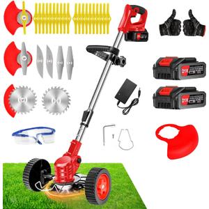 21V Cordless Weed Wacker with Wheels, 3-in-1 String Trimmer/Lawn Edger/Brush Cutter, 2x2.0Ah Battery & 3 Blades, Adjustable Height, Lightweight & Easy for Thick Weeds & Small Yards – Homeowner, 33-47 inches