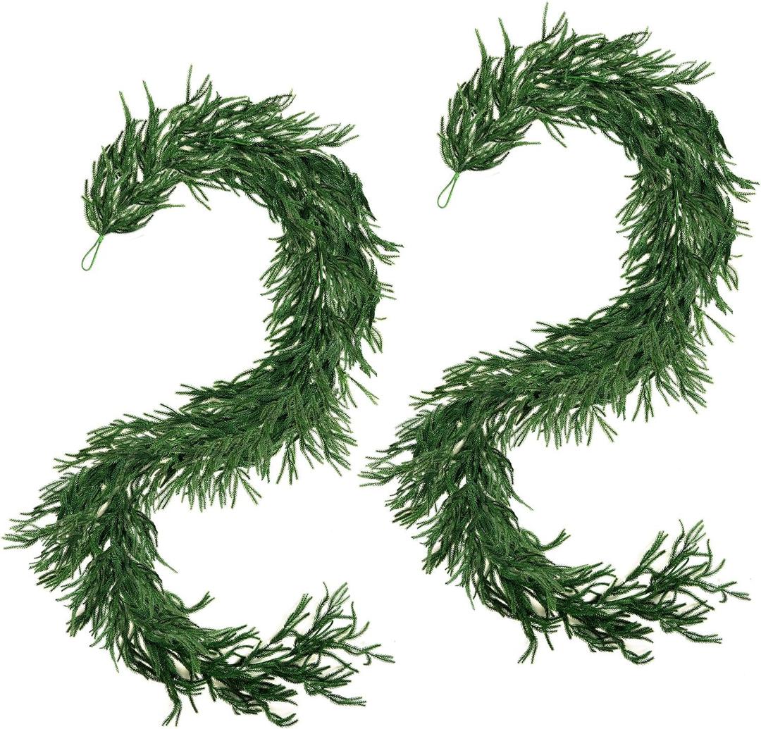 Christmas Norfolk Pine Garland, 2PCS 9Ft Real Touch Artificial Pine Greenery Christmas Garlands for Table Fireplace Wall Home Indoor Outdoor Decoration