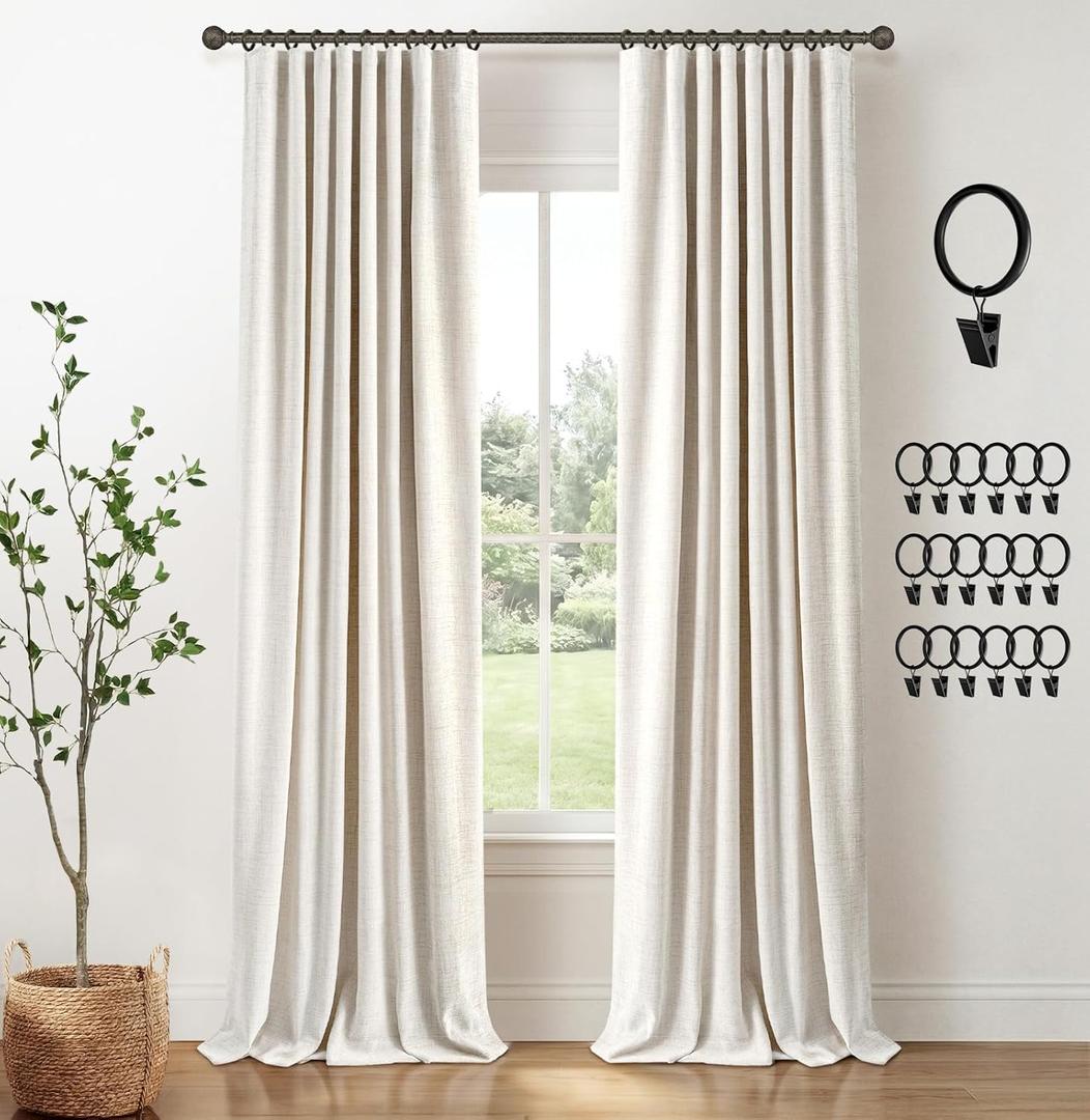 INOVADAY 100% Blackout Curtains for Bedroom, Black Out Curtains 84 Inch Long, Clip Rings Linen Blackout Drapes, Thermal Insulated Room Darkening for Living Room, 2 Panels - Beige,W50xL84