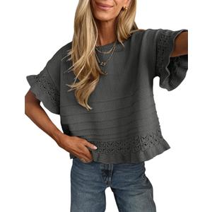 Yeokou Womens Short Sleeve Sweater Round Neck Ruffled Hem Knit Crochet Pullover Summer Fall Casual Top Blouse (Small, Darkgray)