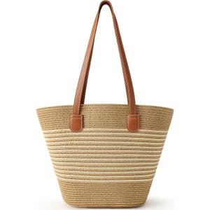 Beach Bags for Women, Summer Straw Beach Bag Straw Purse Shoulder Handbags Large Beach Tote for Summer Vacation (White Stripe - Khaki)