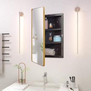 Fundin Plastic Medicine Cabinet, Beveled Edge Mirror Door with Round Corner Metal Frame, Recessed and Surface Mount Bathroom Medicine Cabinet, Golden,16 x 24 inch Mirror Size