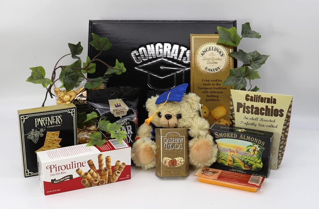 Gift Basket Village - Congrats Grad Deluxe Gift Box: Gourmet Snacks, Plush, and Sweet Treats, Perfect Graduation Present, Handcrafted in the USA, Best By 2026/JL/26