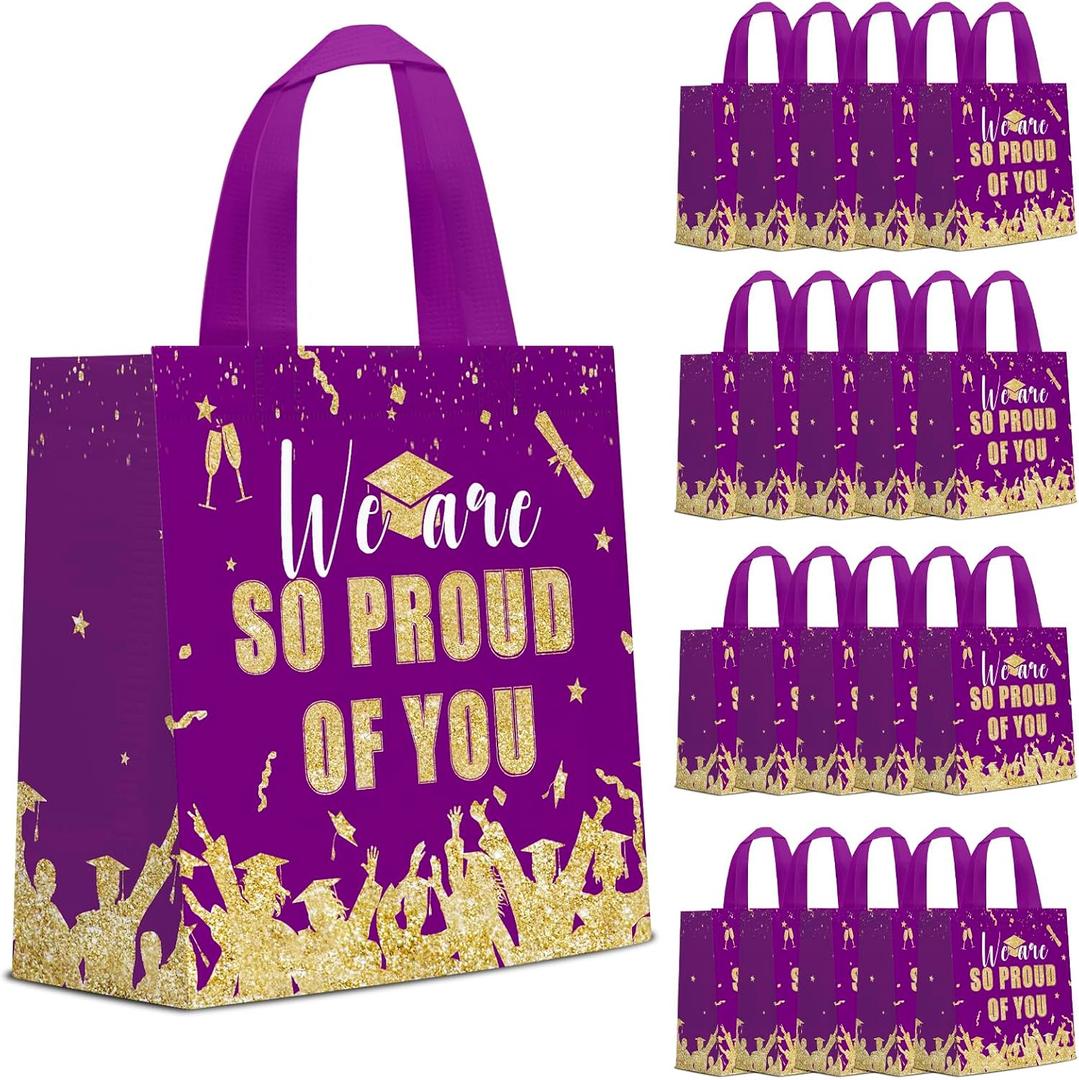 Infankey 24 Pieces Graduate Gift Bags Graduation Party Favor Gifts Non Woven Wrapping Bags for Graduation Season Theme Party Supplies Decoration (Purple Gold), 24 count