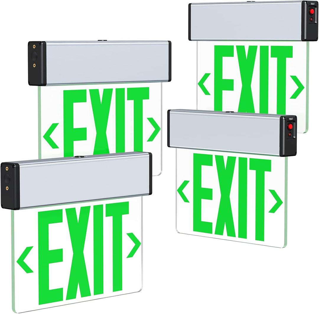 LED Edge Lit Exit Sign Aluminum Housing AC 120-347V Emergency Exit Light with Battery Backup Single Sided Acrylic Clear Panel Commercial Exit Signs, Top/Side/Wall Mount, UL Certified (4 Pack, Green)