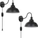 Black Gooseneck Industrial Wall Sconces E26 Base with Plug in Wall Lamp Dimmer Switch Vintage Style Wall Light Fixture for Farmhouse Bedroom Bedside Nightstand Headboard Porch Garage of 2 Set Packs (Medium Size 10.23 Inch 2 Pcs)