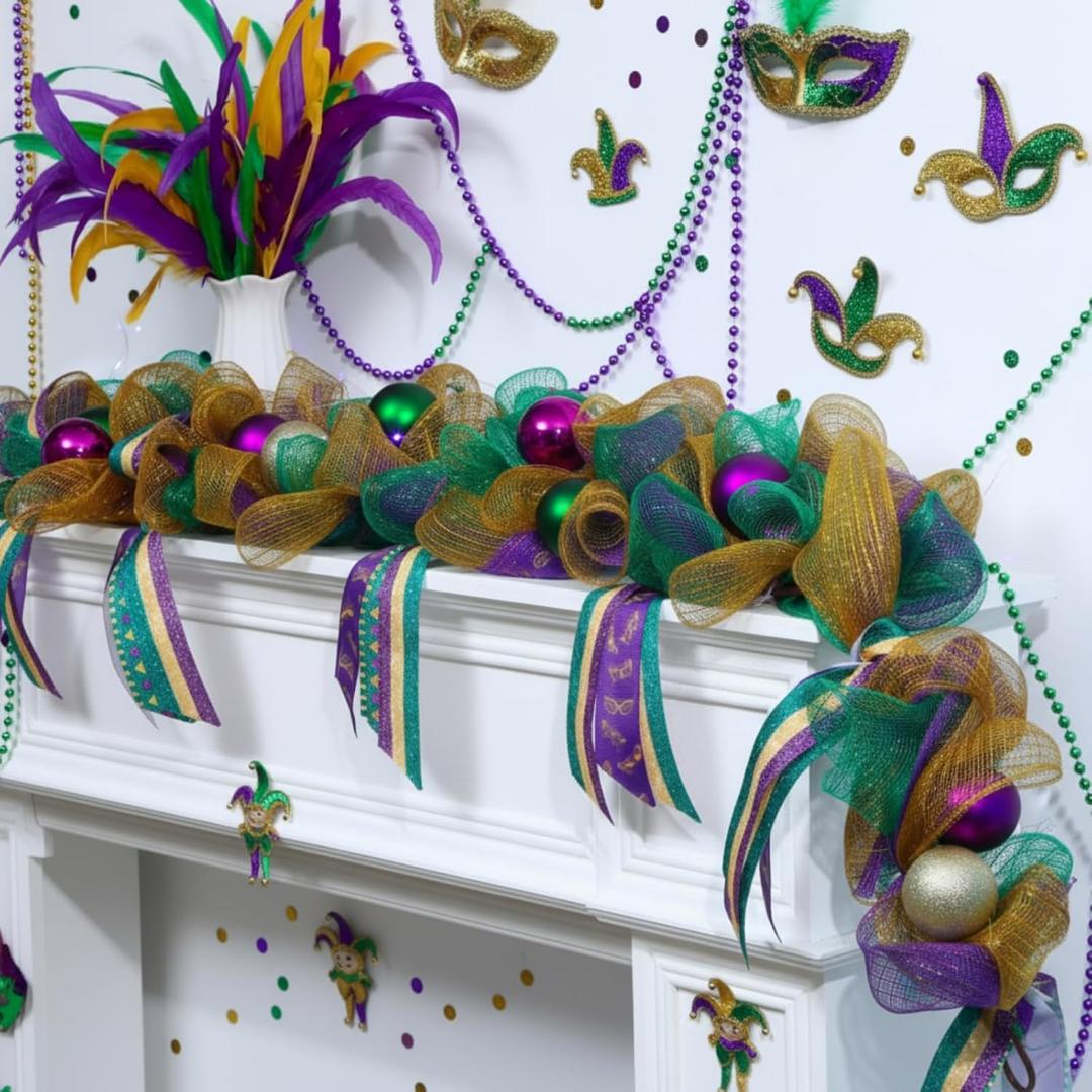 Riceshoot 6 ft Artificial Mardi Gras Garland with Ball Mardi Gras Decorations Hanging Garland for Mantel Carnival Party Decorations Purple Green Gold Party Supplies for Mantel Fireplace Wall Window