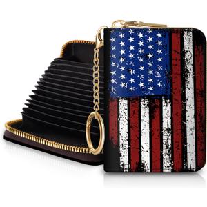 Blusabaca Women's RFID-Blocking American Flag Wallet, Leather, 12 Card Slots, 2 Coins, Zipper Closure, Waterproof