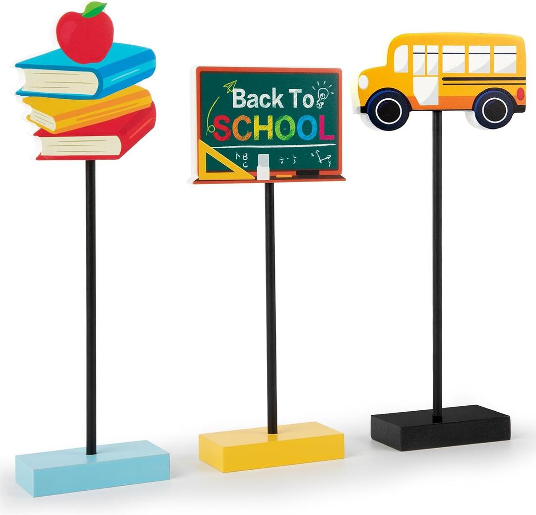 3 Pieces Back to School Wooden Signs School Bus Books Blackboard Standing Back to School Decorations for School Classroom Home office (School), 8.9L" x 6.7W"