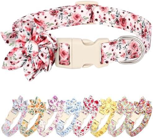 Beirui Cute Spring Dog Collar with Flower, Lightweight Soft Girl Dog Collar for Female Male Dogs, Adjustable Floral Pet Collar for Small Medium Large Dogs(Pink White Flower,S:10-16"), Set of 2
