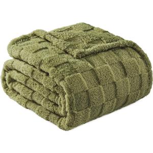 Fleece Throw Blanket for Couch,Super Soft and Warm Lightweight Checkered Pattern Blankets for All Seasons, Olive Green