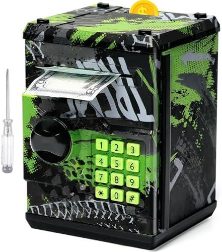 ATM Piggy Bank for Boys Girls, Vcertcpl Mini ATM Coin Bank Money Saving Box with Password, Kids Safe Money Jar for Adults with Auto Grab Bill Slot, Great Gift Toy Bank for Kids