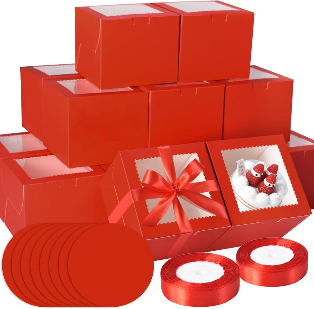 KPOSIYA 40pcs 8x8x5 inches Cake Boxes with Cake Boards20 Boxes & 20 Boards, Red 8 inch Cake Boxes with Window,Cajas Pasteles Square Cardboard Cake Containers for Christmas Thanksgiving
