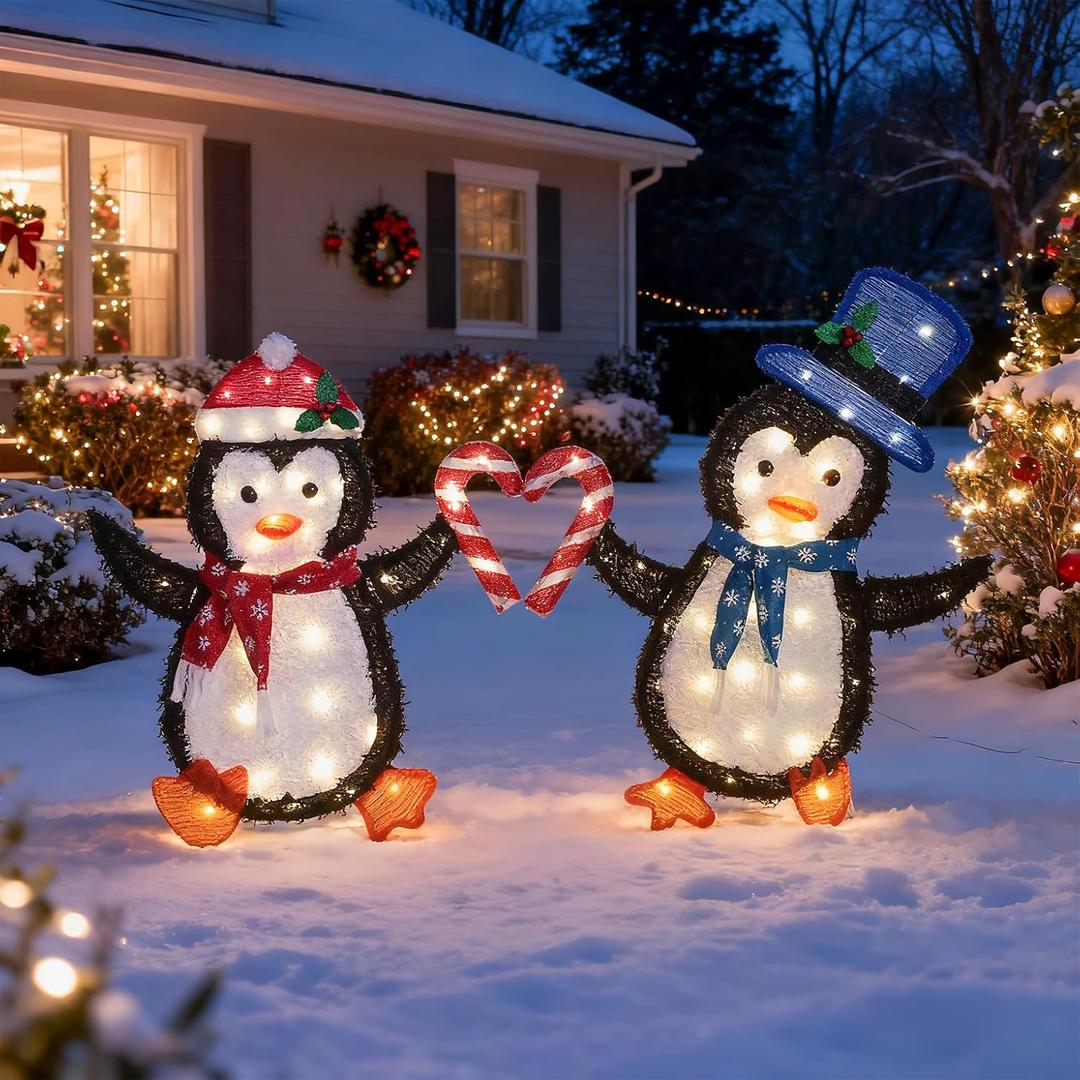 Christmas Decorations Penguin Heart String Lights 40L+40L - 30" 32" H Outdoor Fairy Lights with Transformer, 2M Plug-in Cord, Warm White - for Garden, Yard, Patio,