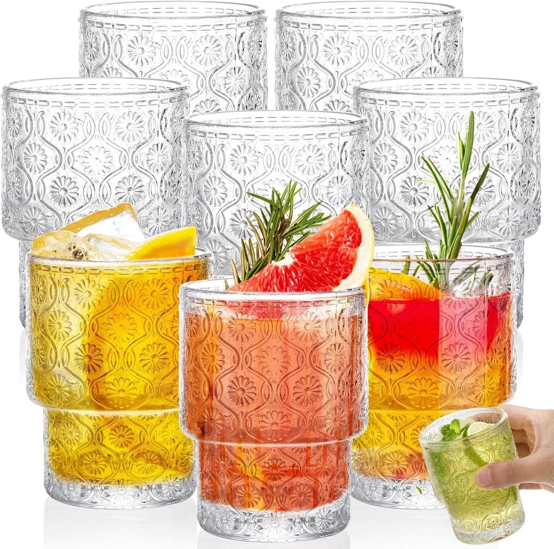 AVLA 8 Pack Vintage Drinking Glassware, 7 oz Romantic Water Juice Glass Tumbler Cup, Clear Stackable Coffee Cocktail Bar Drinkware for Beverages, Tea, Milk, Yogurt, Whiskey, Embossed Floral Pattern (Begonia)