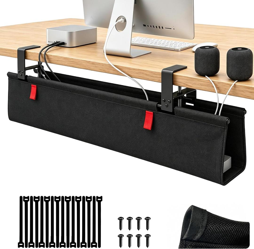 Under Desk Cable Management No Drill 28" L x 6" W Cord Organizer, Upgraded Silicone Pads (No Scratch), 16 Cable Slots, Washable PE Honeycomb Base, Fits Desks 02.1" Thick, Black