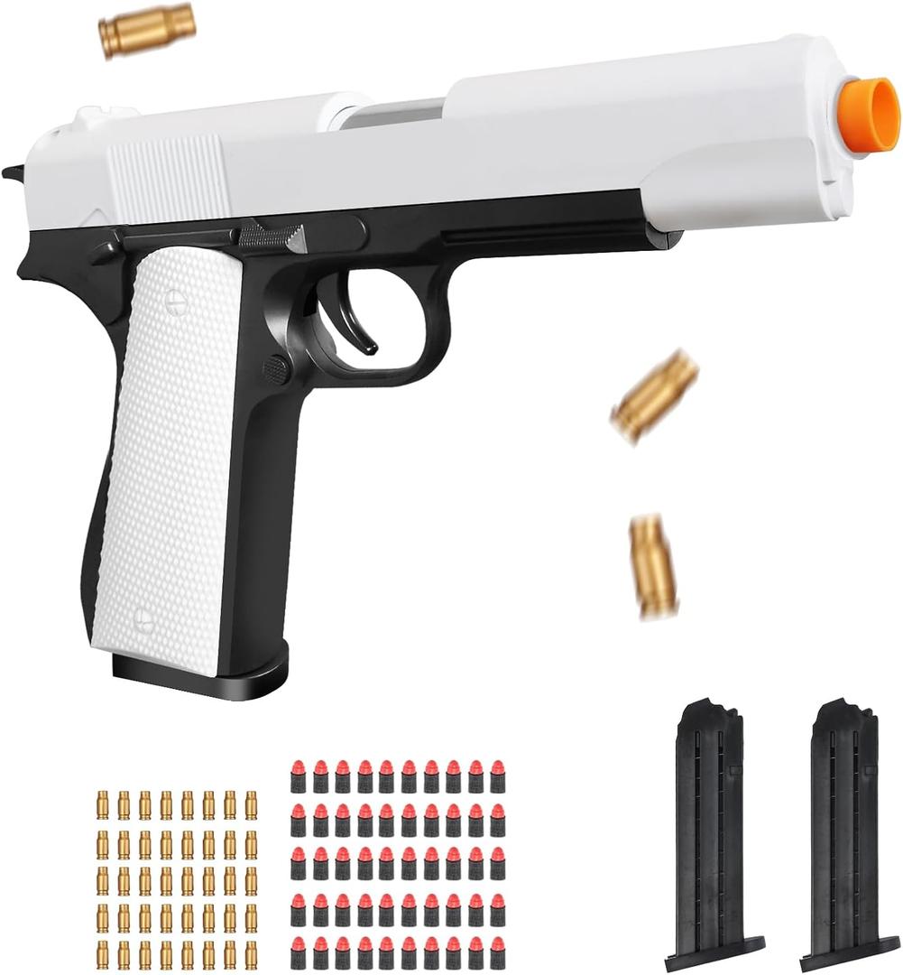 Bugrtey Soft Bullet  Pistol with Shell Ejecting for Indoor/Outdoor Shooting Games Toys, Fake Prop for Halloween Costume, Educational Play Toy Guns Model, Christmas/Birthday Gifts (Black-white)