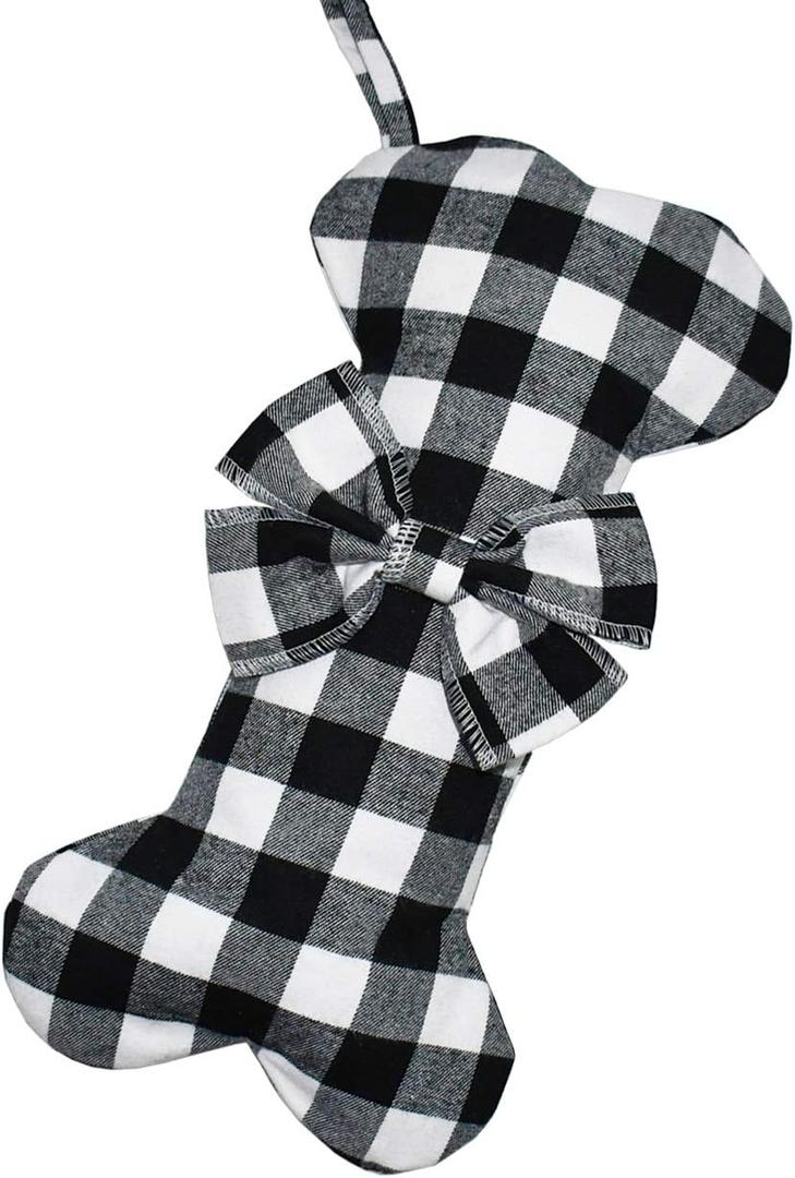 Senneny Pet Dog Christmas Stockings Classic Buffalo Black White Plaid Large Bone Shape Hanging Christmas Stocking for Dogs Pets (17"L x 10"W, Black and White - 1 Pack)