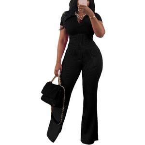 HBQ Women Two Piece Outfit Ribbed Short Sleeve V Neck Polo Top and Flare Pants Casual Lounge Sets Tracksuit (Medium, Black)