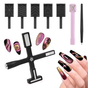 8 in 1 Gel Nail Polish Magnets for Nail Art, 2Pcs Cat Eye Magnet Kit, Strong Magnetic Nails Design Tools for Salon & Home DIY, With Pre-designed Magnetic Sheets(Black)