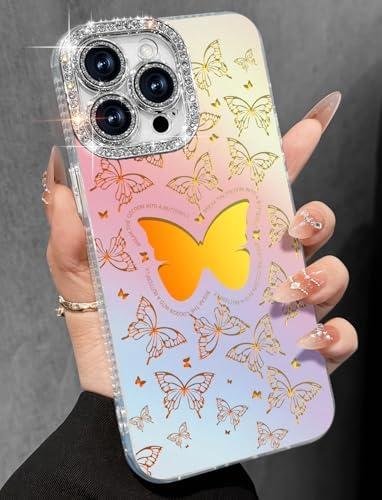 Toycamp for iPhone 14 Pro Case - Aesthetic Cute Colorful Butterfly 14 Pro Phone Case with Diamond Bling Lens Protector Laser Glitter Holographic Y2K i Phone 14 Pro Cover for Women Girly Pack Of 2