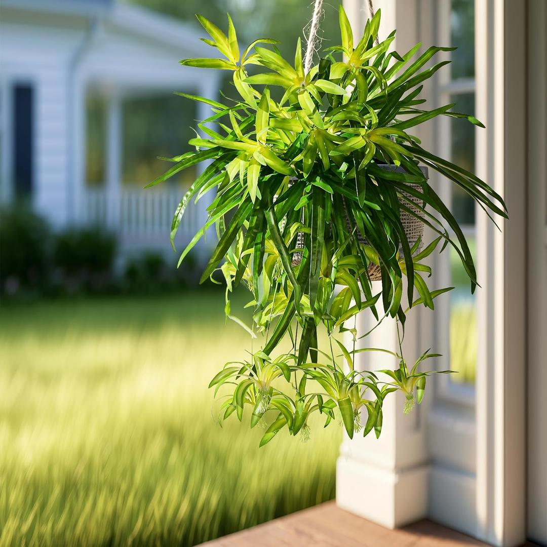 2 Pcs Artificial Spider Hanging Plant Artificial Bracketplant Chlorophytum Fake Greenery for Outdoor Porch Patio Window Shelf Office Garden Home Decor (Gold)