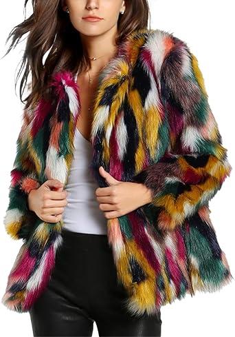 Yimoon Fur Coats for Women Fur Fuzzy Faux Multicolor Fur Coat Jacket Long Sleeve Open Front Luxury Colorful Furry XL