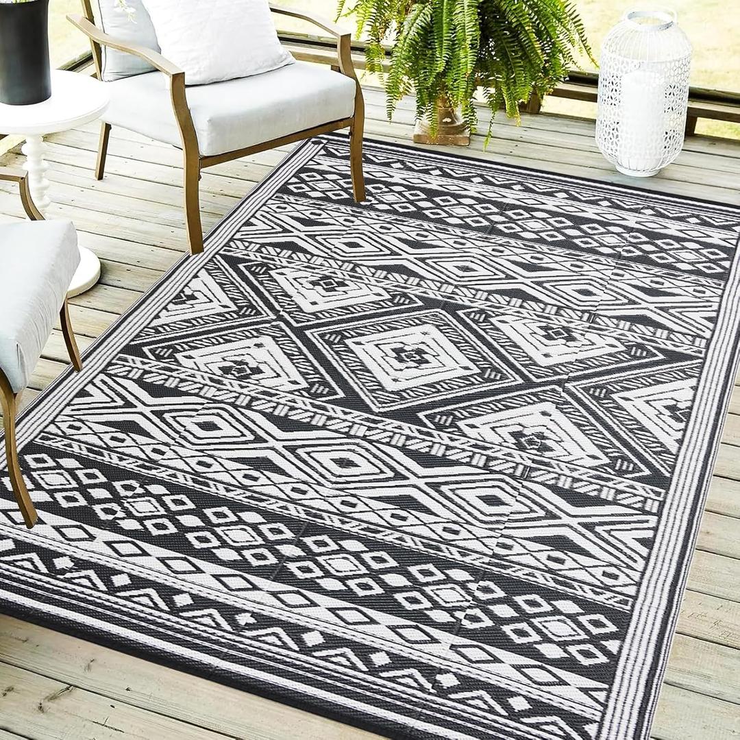 Outdoor Rug 8x10 ft Waterproof, Reversible Outdoor Plastic Straw Rug for Patios Clearance, Outdoor Area Rug Carpet RV Mat for Camping Backyard Deck Porch (Black&White- Geometric)