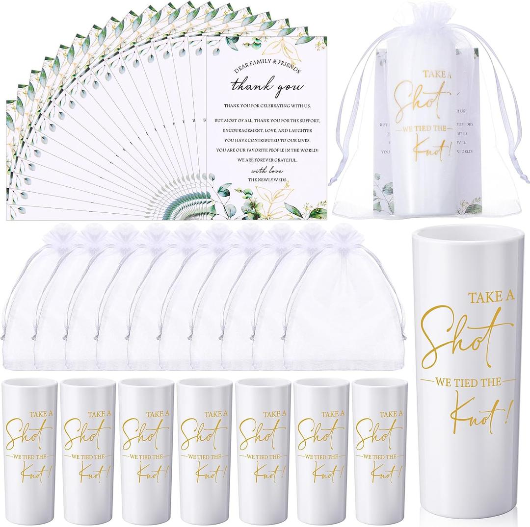 Sliner 50 Set Wedding Favors for Guests Bulk 2oz Acrylic Take a Shot We Tied the Knot Shot Glasses with Thank You Cards Organza Bags for Guest Souvenir Wedding Bridal Shower Gifts (White,Gold)
